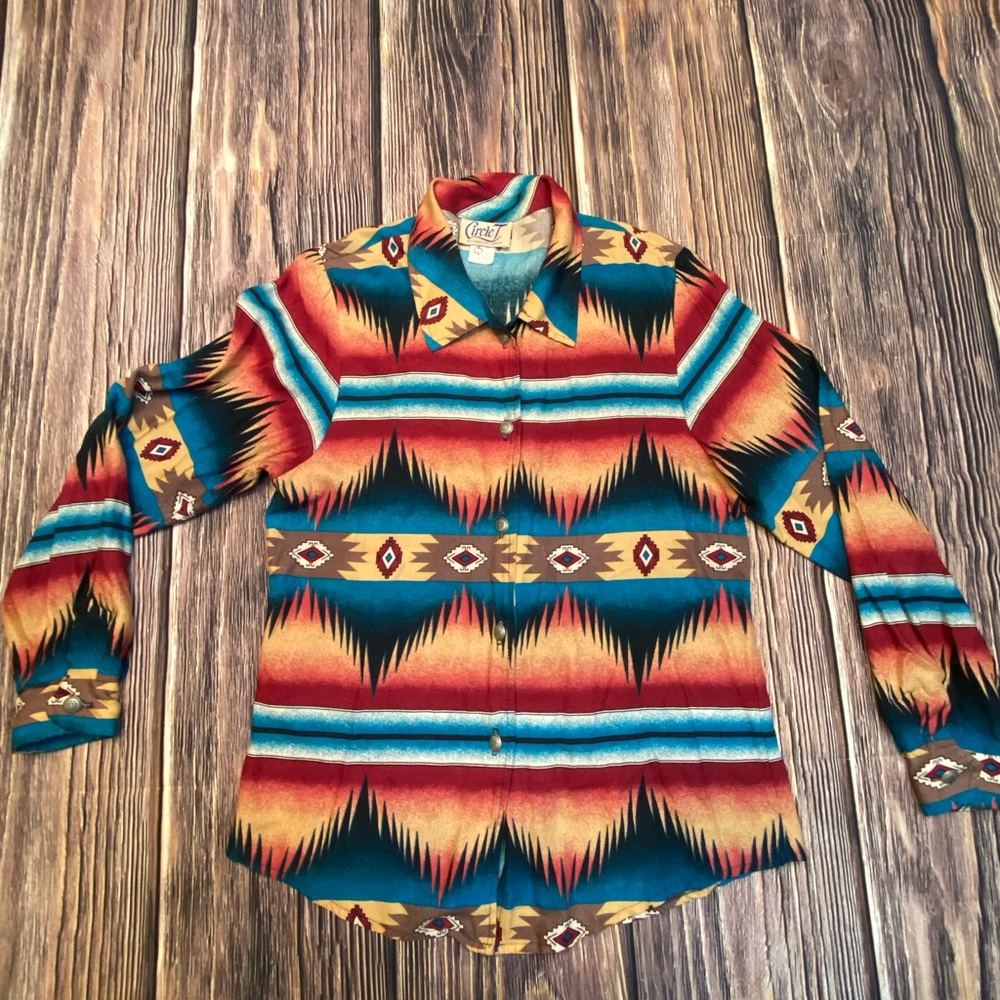Circle T Rayon Vintage Long Sleeve Medium Serape Southwestern Aztec Tribal Top